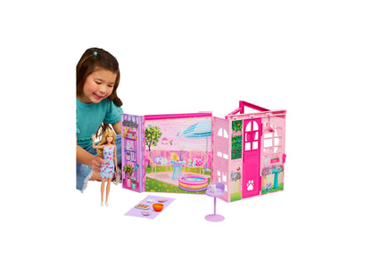 Barbie Weekend Escape Foldable Dollhouse with four pink play areas, Barbie doll, and accessories
