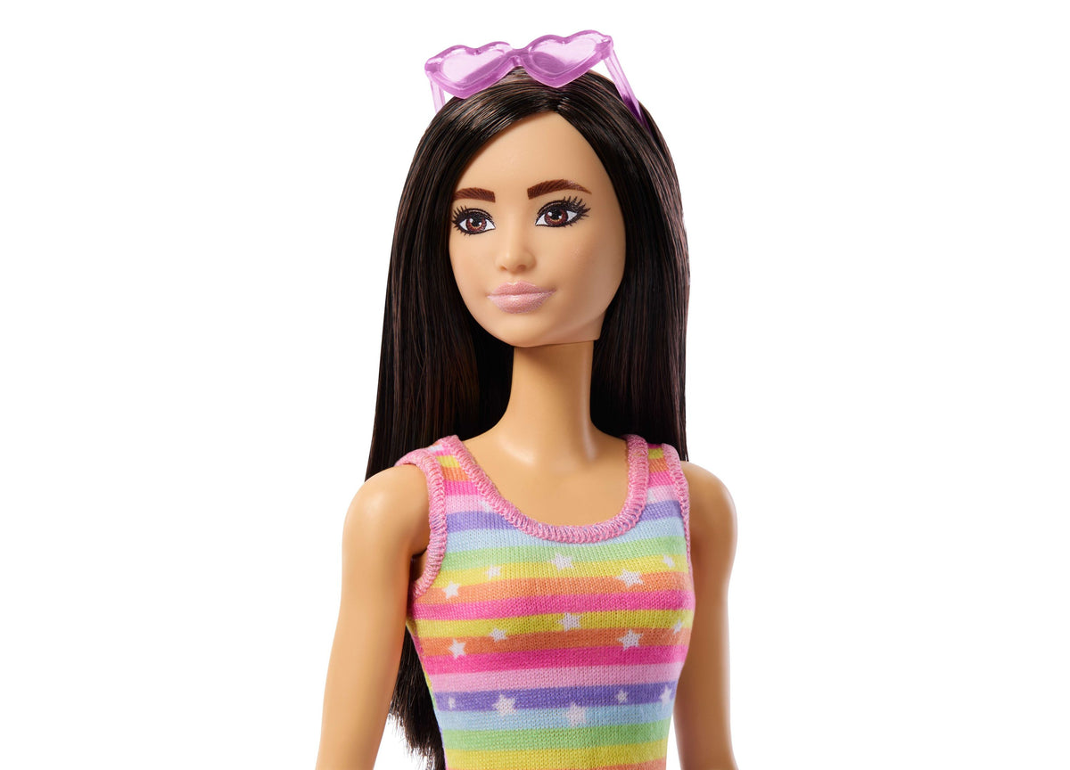 Barbie Skate and Run Fashion Doll with long black hair, purple heart-shaped sunglasses, and colorful rainbow striped ...