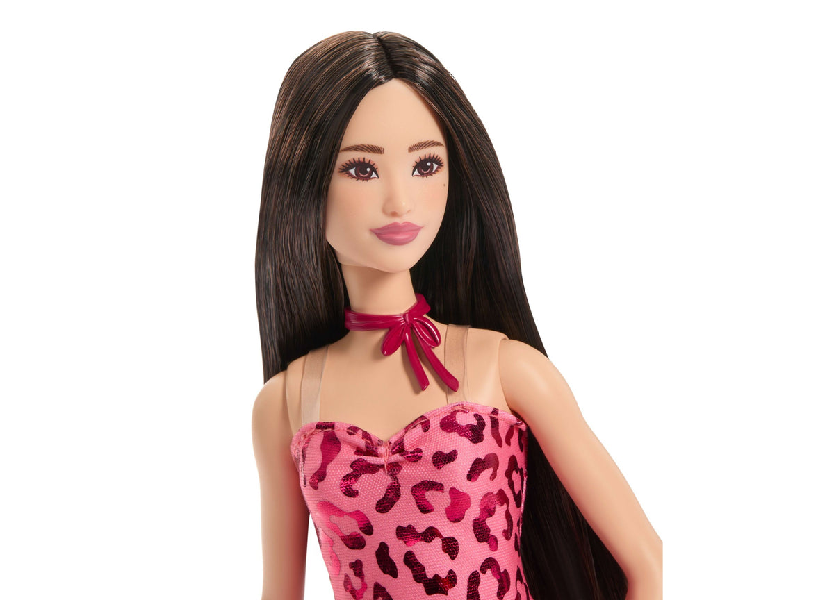 Barbie Fashionistas Doll 246 with long black hair wearing pink leopard-print dress and magenta bow choker