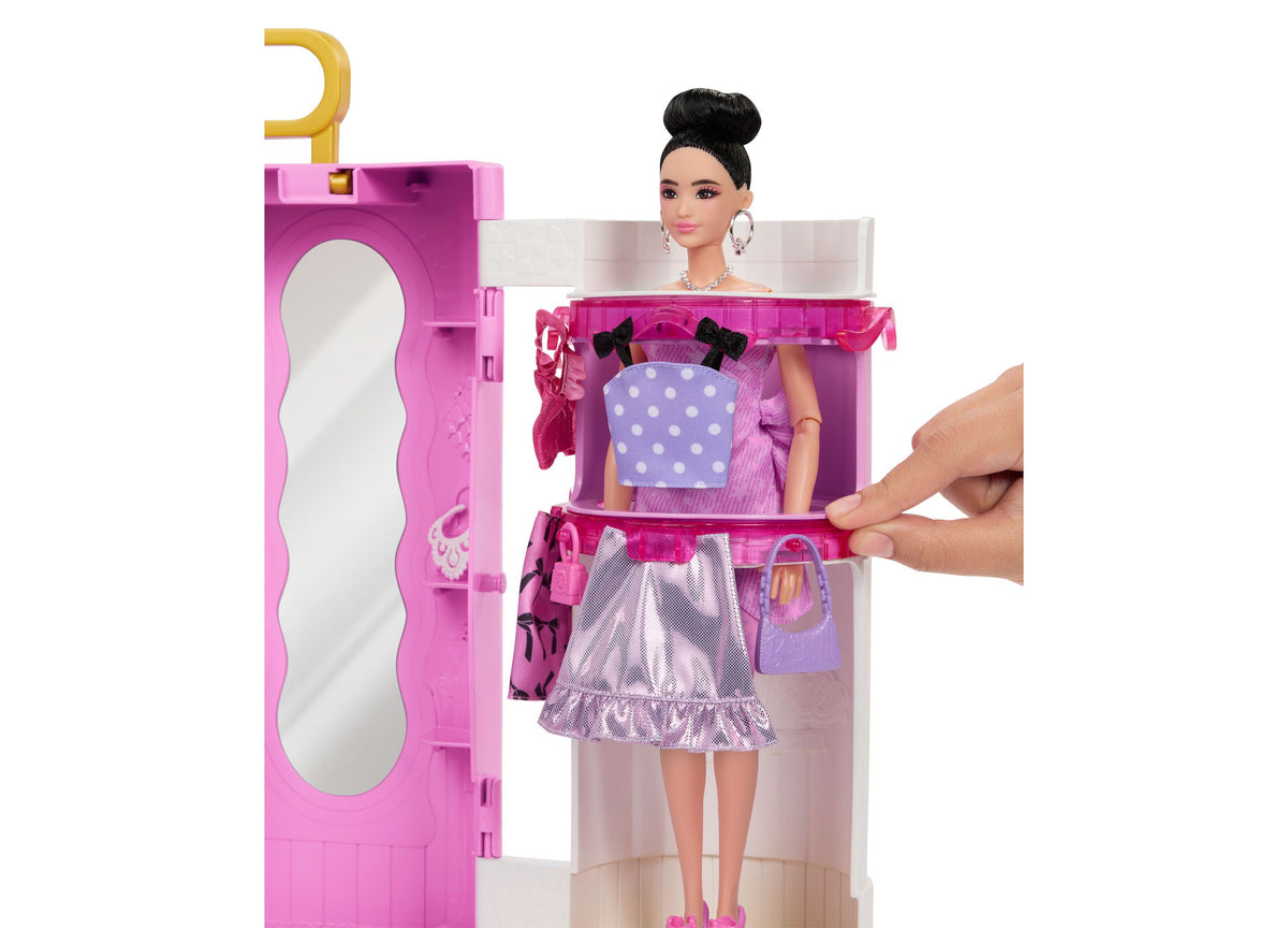 Barbie Deluxe Style Closet playset with doll, mirror, and purple polka dot outfit displayed