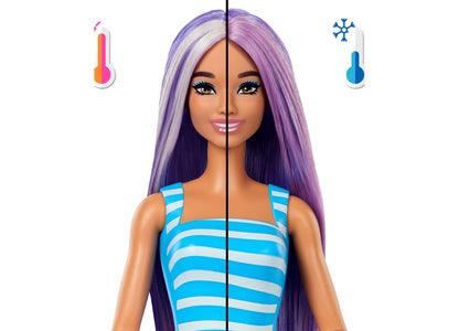 Barbie Pop Reveal Sea Slushy doll with purple and white hair, blue striped top, shown with hot and cold temperature i...