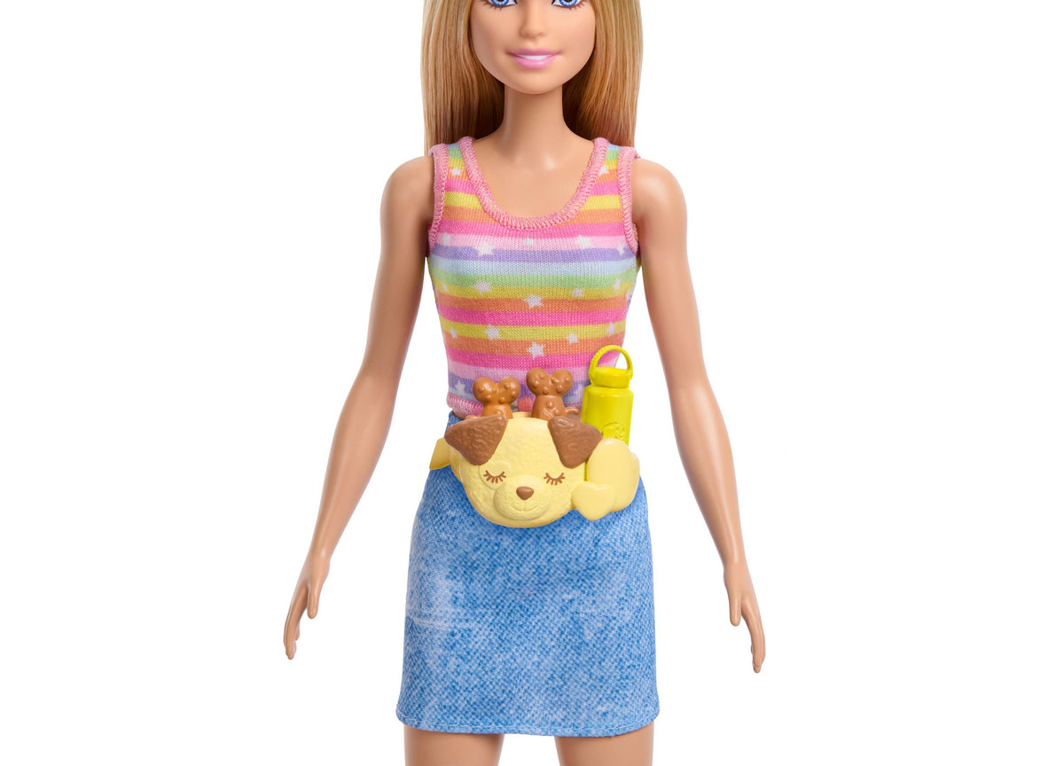 Barbie Skate and Run Pup doll with rainbow striped top, blue skirt, yellow puppy accessory and roller skate