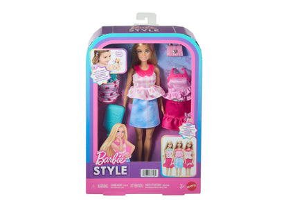 Barbie Easy to Dress Fashion Doll with blonde hair, shown in blue skirt outfit with two snap-on fashion sets in pink ...