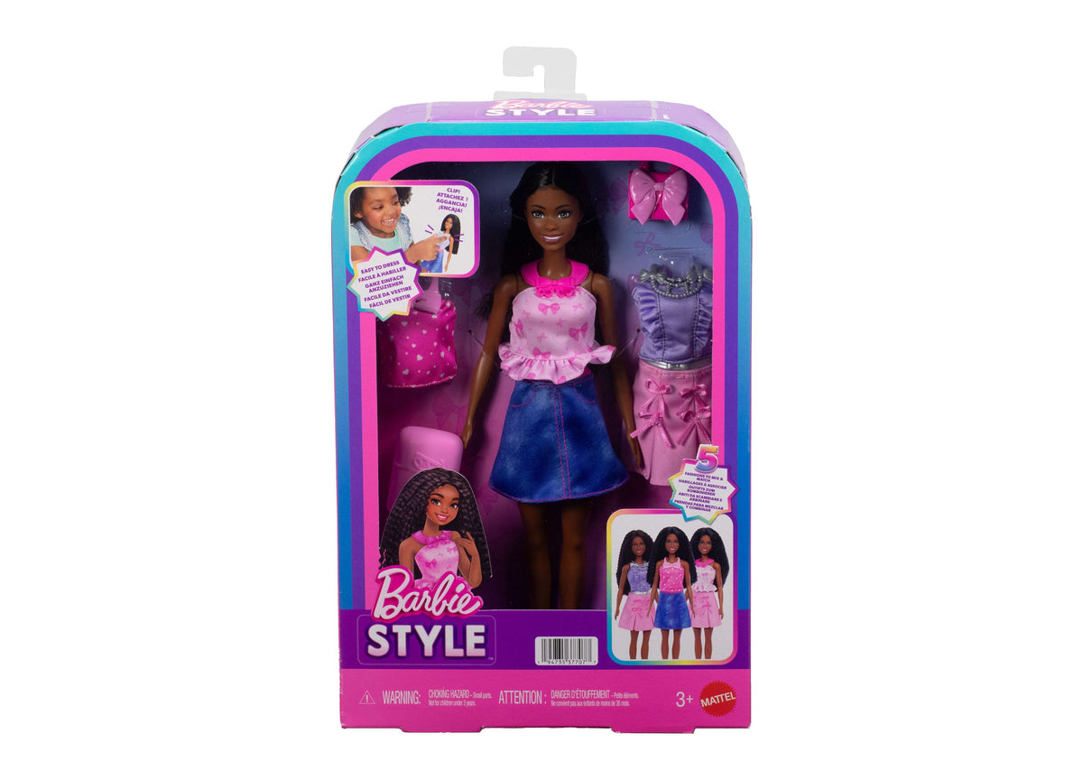 Barbie Brooklyn Easy-to-Dress Brunette Fashion Doll with pink top, blue skirt, and snap-on fashions in packaging