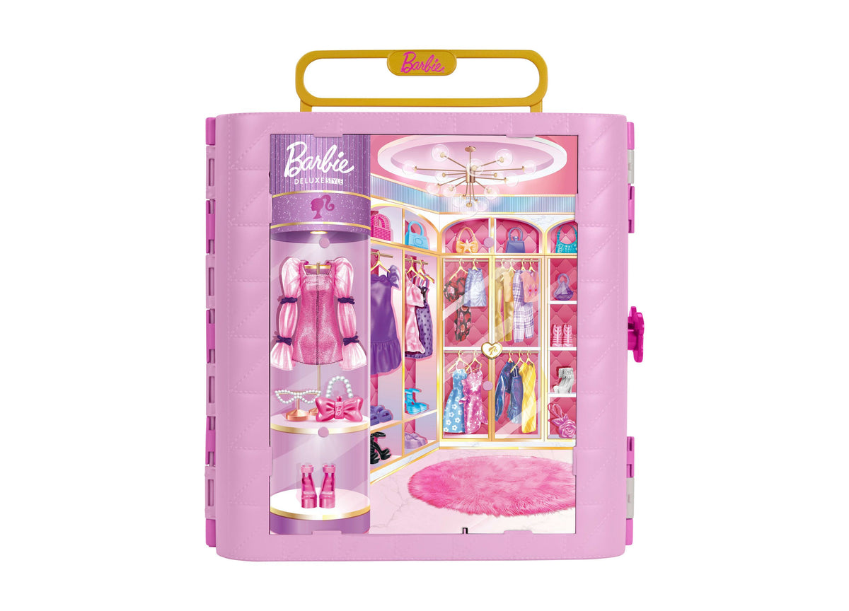 Barbie Deluxe Style Closet playset in pink with spin-style feature, displaying doll, outfits, and accessories