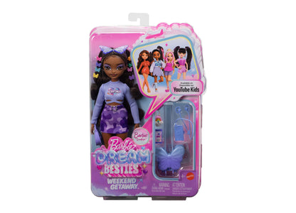 Barbie Dream Besties Weekend Getaway Brooklyn fashion doll in purple outfit with colorful hair accessories and travel...