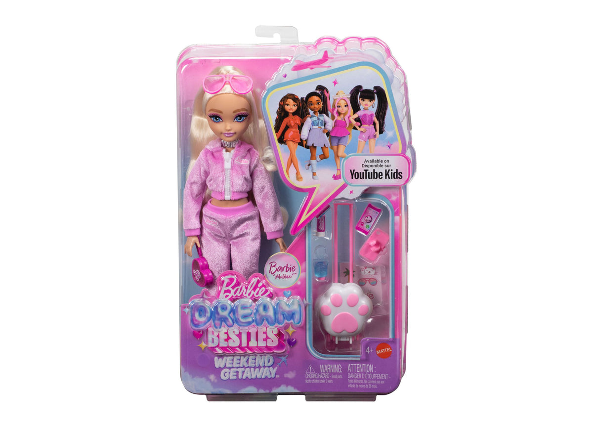 Barbie Dream Besties Weekend Getaway Malibu doll in pink outfit with sunglasses and travel accessories