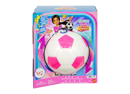 Barbie Roll & Reveal Soccer Player doll with pink and white soccer ball, includes 8 surprises