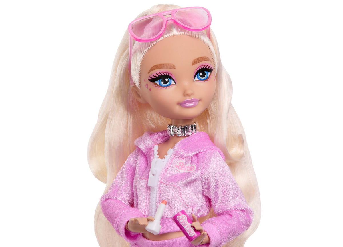 Barbie Dream Besties Weekend Getaway Malibu doll with long blonde hair, pink sunglasses, and pink jacket