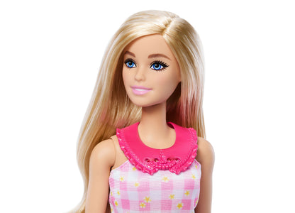 Barbie Easy to Dress 12.75" doll with long blonde hair, blue eyes, and pink lips wearing pink ruffle collar top with ...