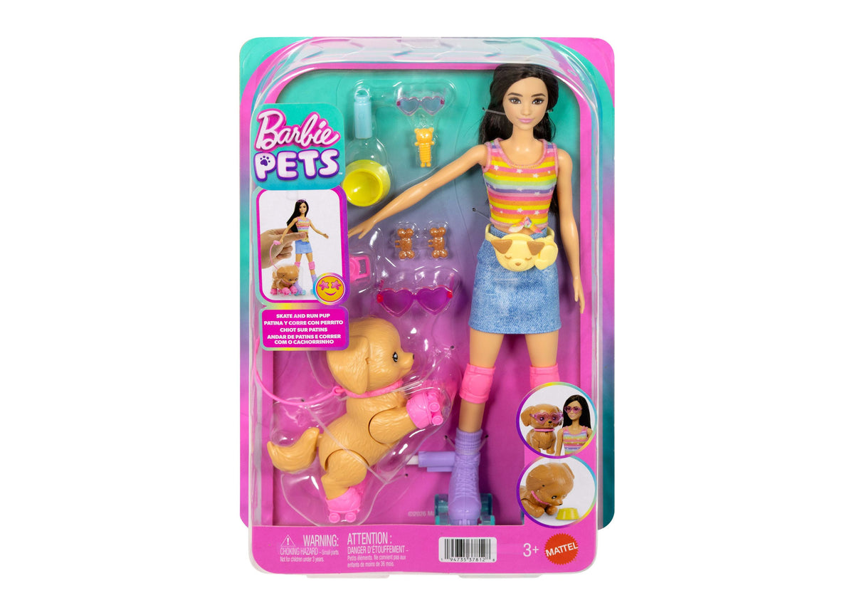 Barbie Skate and Run Fashion Doll with roller-skating puppy, accessories, and matching roller skates in packaging