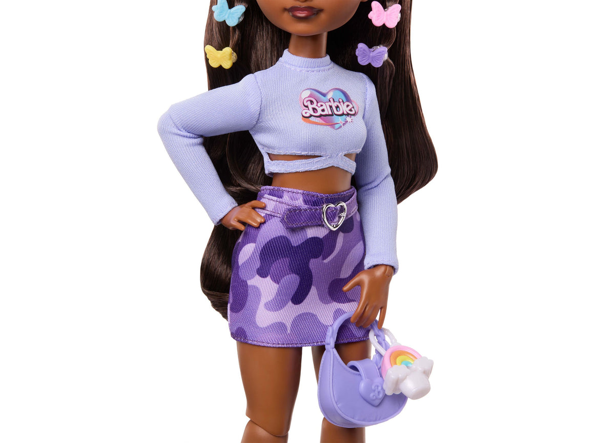 Barbie Dream Besties Brooklyn fashion doll in lavender crop top and purple camo skirt with butterfly hair clips and t...