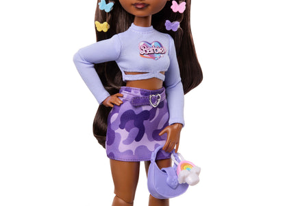 Barbie Dream Besties Brooklyn fashion doll in lavender crop top and purple camo skirt with butterfly hair clips and t...