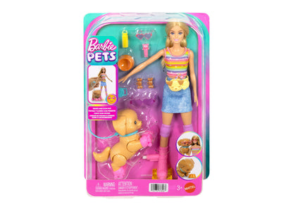 Barbie Skate and Run Pup fashion doll with blonde hair in rainbow striped top, blue skirt, and purple leg warmers, sh...