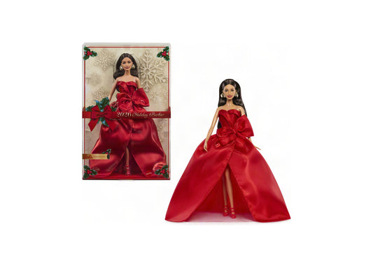 2026 Holiday Barbie 13" doll with brown hair in red gown with bow detail, shown in packaging and displayed on stand