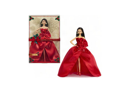 2026 Holiday Barbie Signature collectible doll in red gown with bow, shown in packaging and displayed