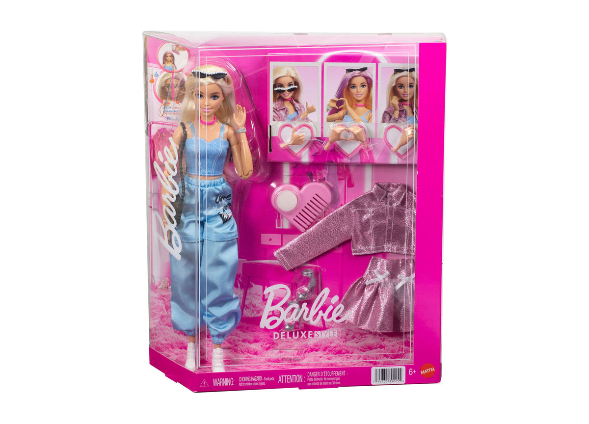 Barbie Deluxe Style 11" Fashion Doll with interchangeable hands, color-change hair, and styling accessories in pink p...