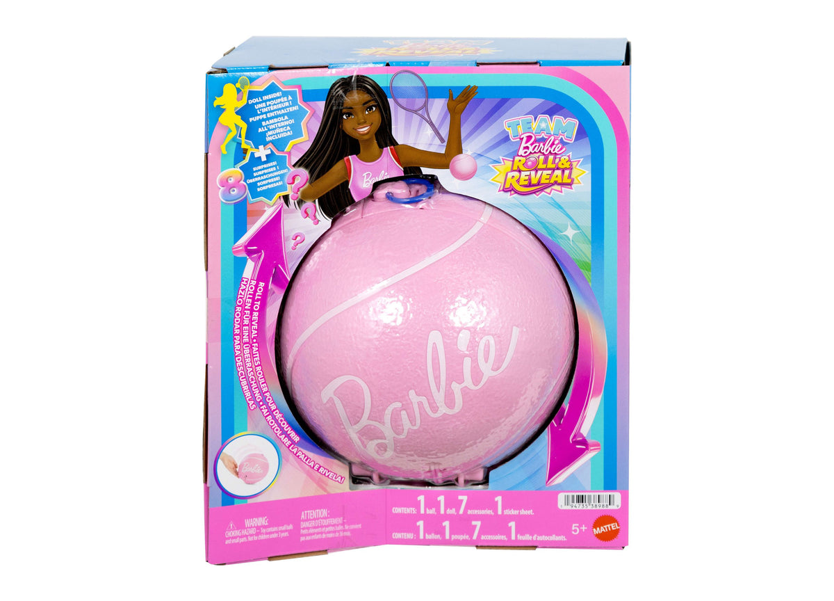 Barbie Team Barbie Roll & Reveal Tennis Player doll with pink ball and accessories in packaging