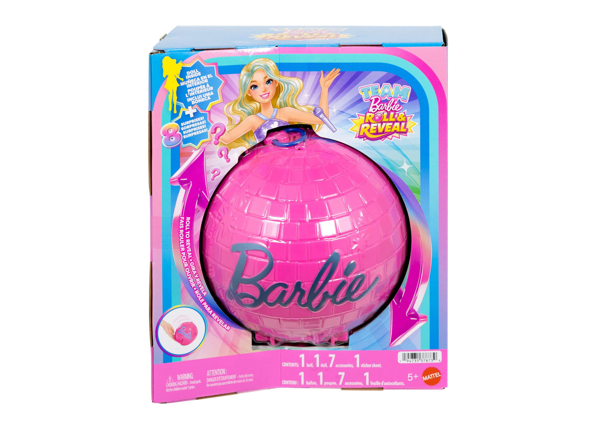 Team Barbie Roll & Reveal Pop Star doll in bright pink ball with Barbie character shown on packaging