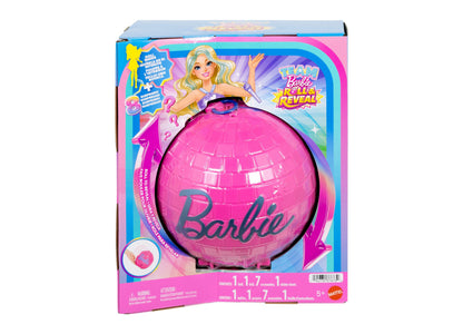 Team Barbie Roll & Reveal Pop Star doll in bright pink ball with Barbie character shown on packaging