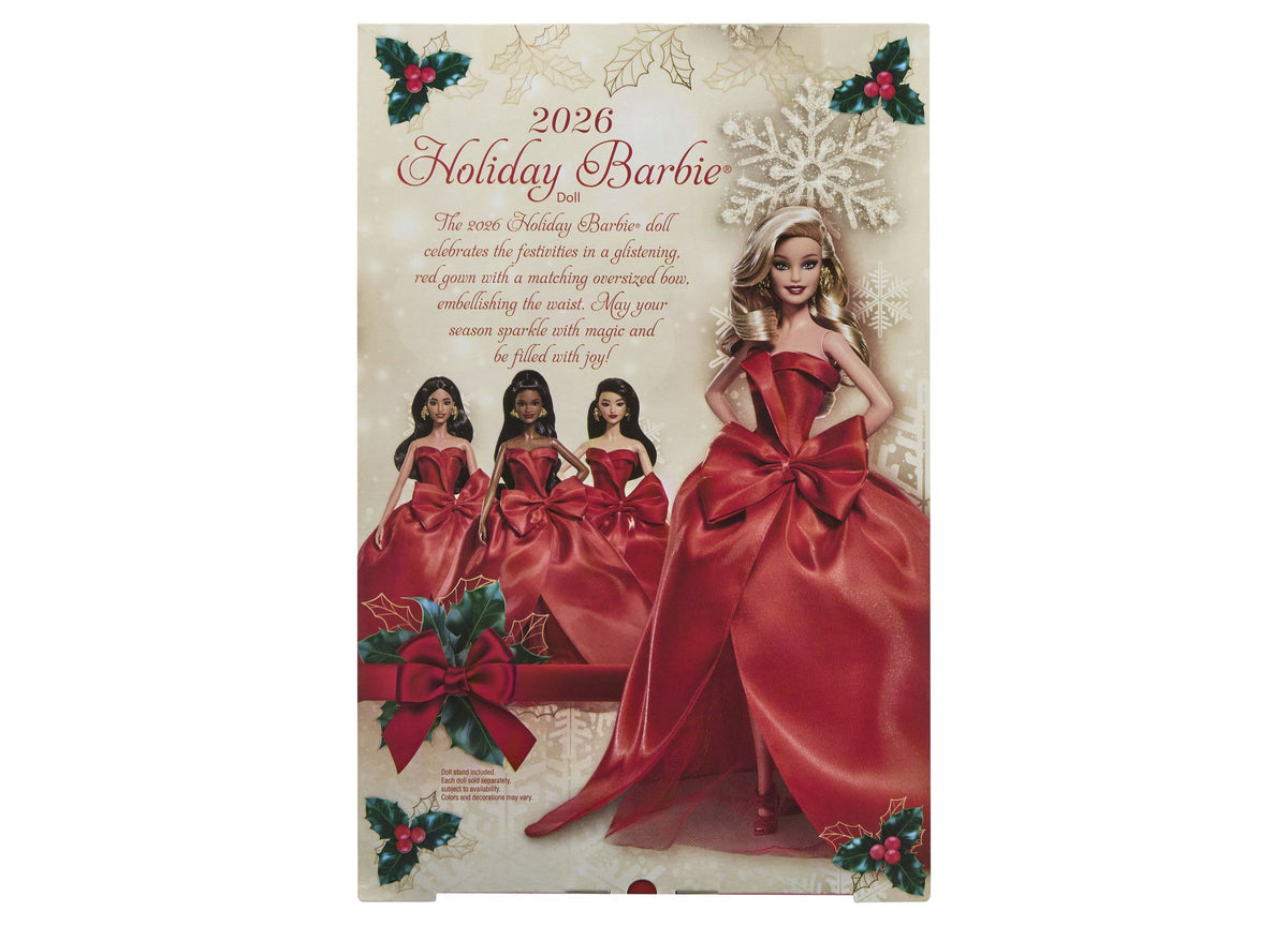 2026 Holiday Barbie doll in red strapless gown with bow detail and full skirt