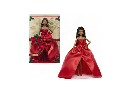 Barbie 2026 Holiday 13" Collectible Fashion Doll in red strapless gown with bow detail, shown in packaging and displa...