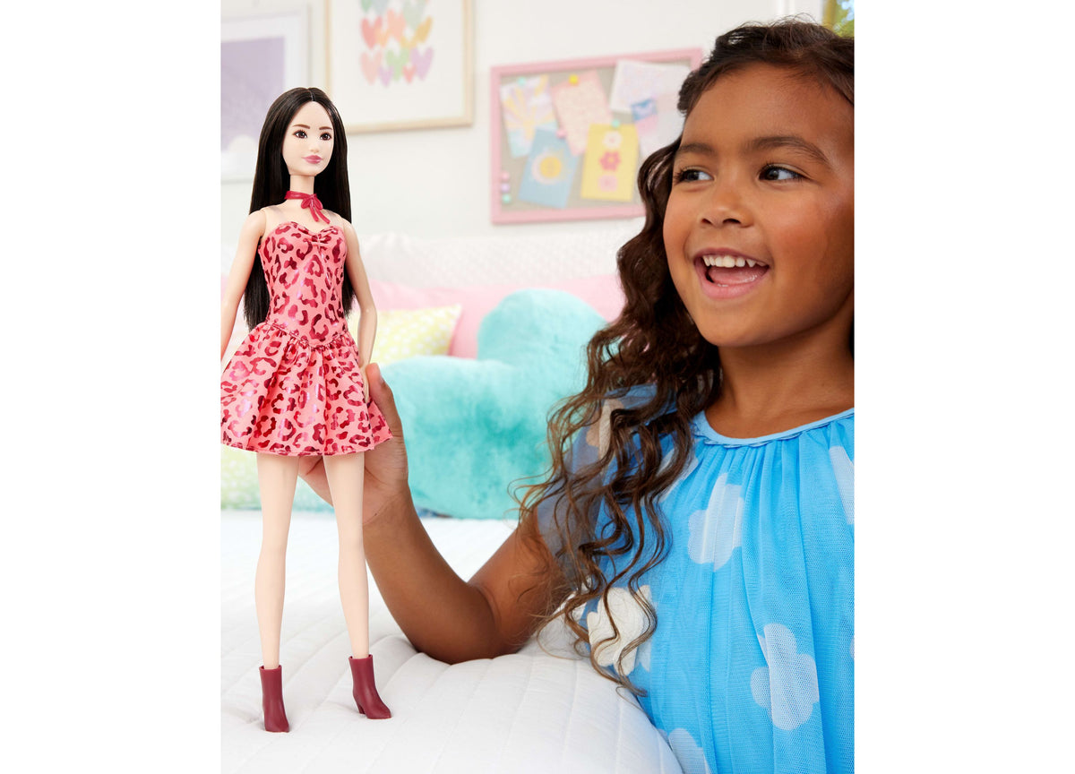 Barbie Fashionistas Doll 246 wearing pink leopard-print dress with flared skirt and burgundy boots