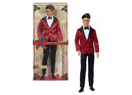 Barbie 2026 Holiday Ken 13" doll in red and black tuxedo with black hair, shown in packaging and as loose doll