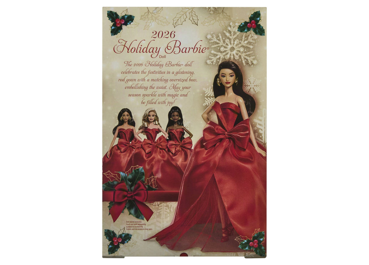 2026 Holiday Barbie Signature doll in red gown with oversized bow and matching earrings