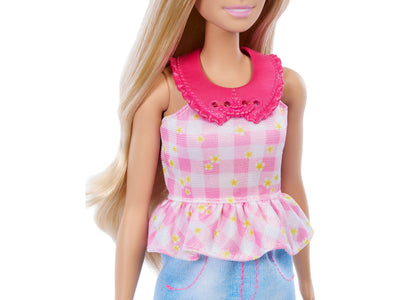 Barbie Easy to Dress doll with blonde hair wearing pink checkered top with ruffled hem and blue skirt