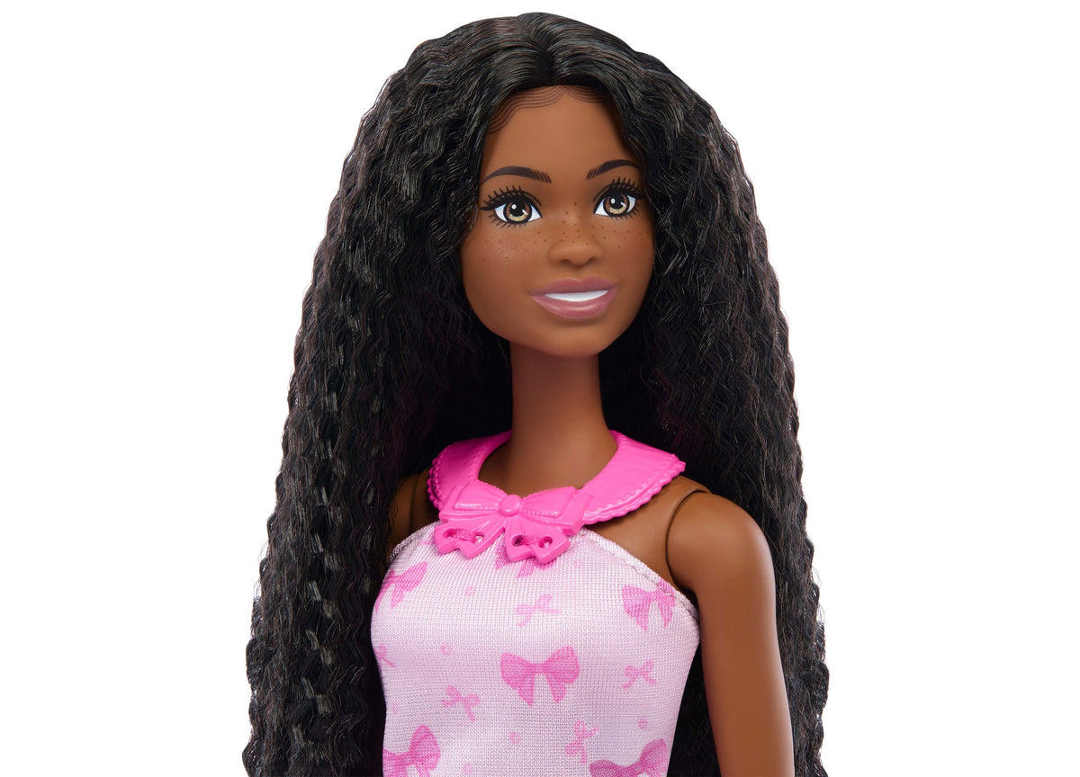 Barbie Brooklyn Easy-to-Dress Brunette Fashion Doll wearing pink bow-patterned dress with matching collar