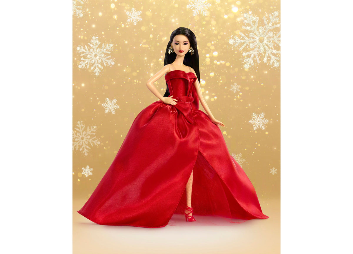 Barbie Signature 2026 Holiday Collectible Fashion Doll in red gown with earrings and shoes
