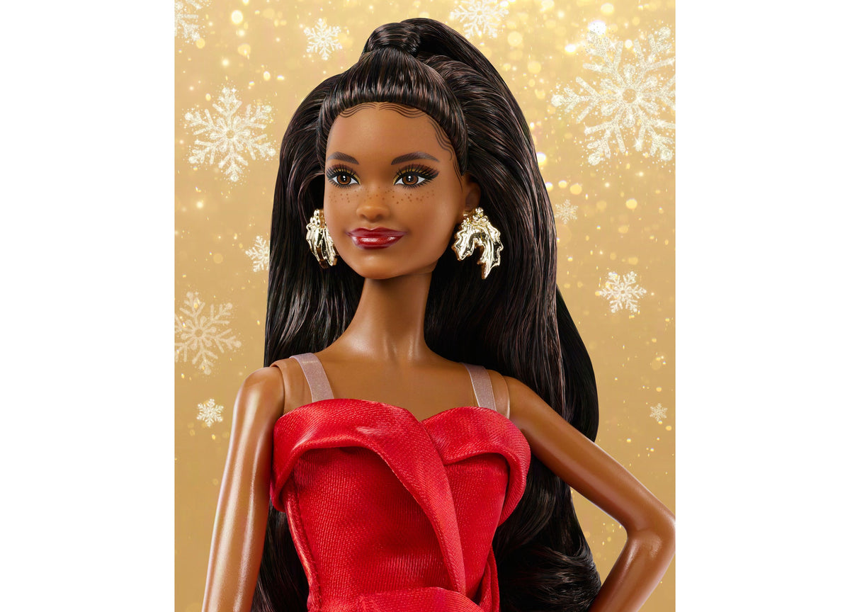 Barbie 2026 Holiday 13" Collectible Fashion Doll in red strapless gown with gold earrings