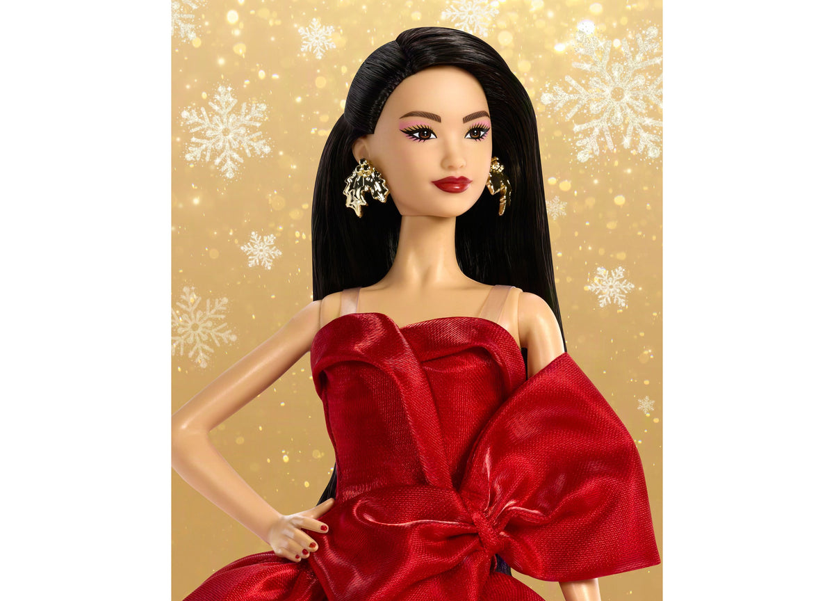 Barbie Signature 2026 Holiday Collectible Fashion Doll in red gown with black hair and gold earrings
