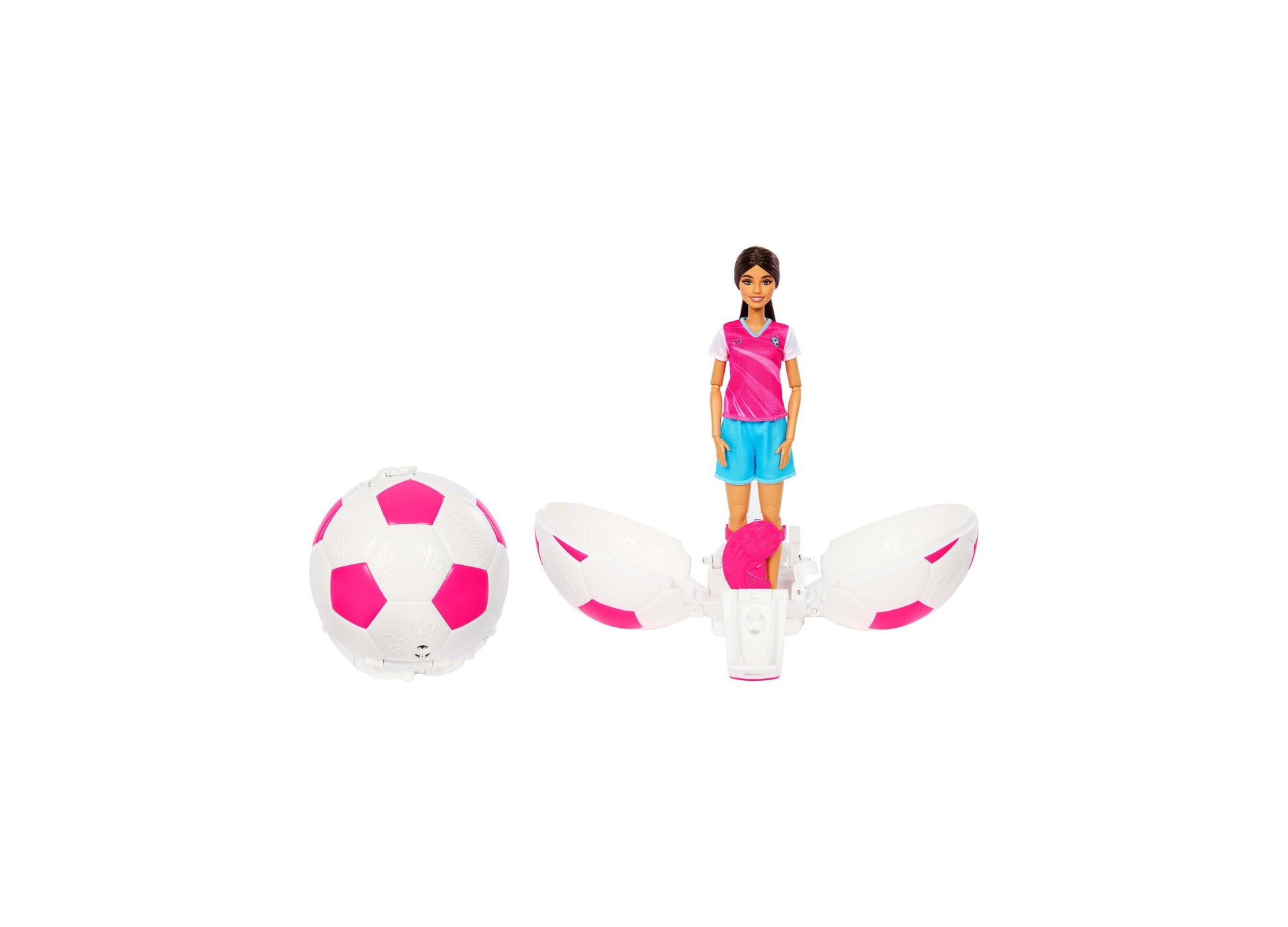 Barbie Roll & Reveal Soccer Player doll with pink and white soccer ball and wings