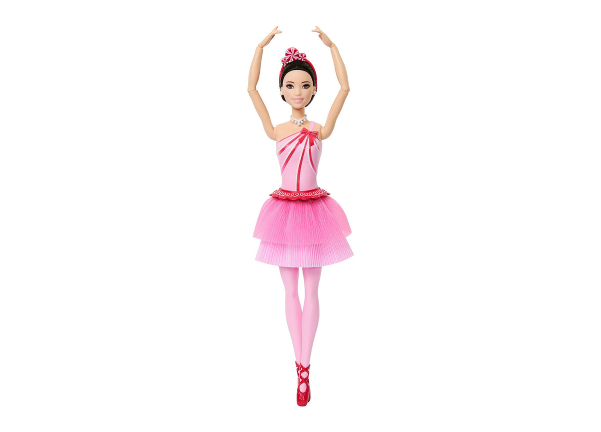 Barbie in the Nutcracker Land of Sweets Ballerina doll in pink tutu and pointe shoes, arms raised in ballet pose