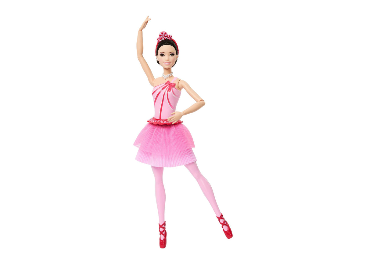 Barbie in the Nutcracker Land of Sweets Ballerina doll in pink tutu and pointe shoes, posed mid-leap