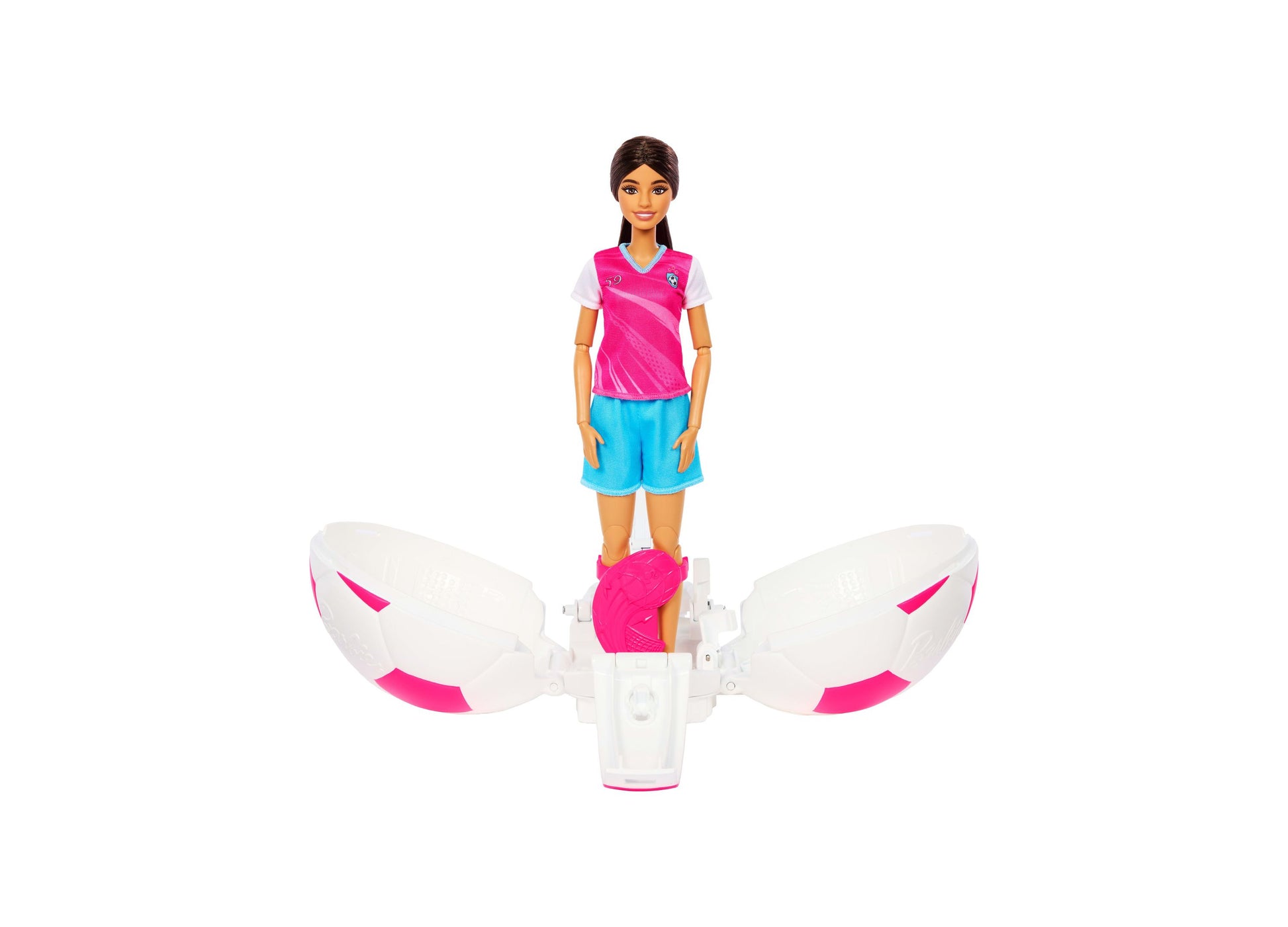 Barbie Roll & Reveal Soccer Player doll in pink and blue outfit with white drone