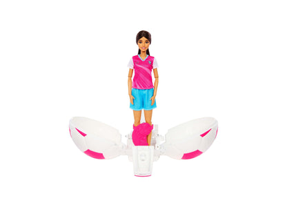 Barbie Roll & Reveal Soccer Player doll in pink and blue outfit with white drone