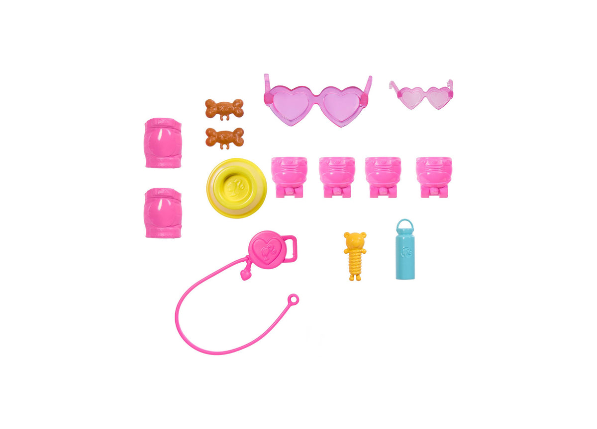 Barbie Skate and Run Fashion Doll set with pink heart-shaped sunglasses, roller skates, puppy figure, and accessories