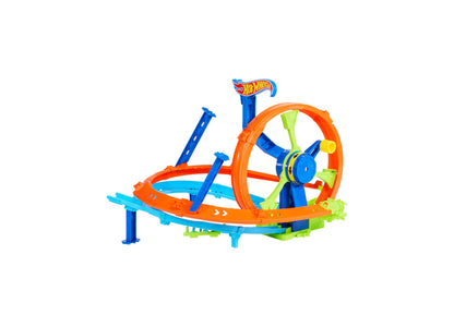 Hot Wheels Rapid Launch Loop Playset with orange track, blue supports, and crank-powered launcher