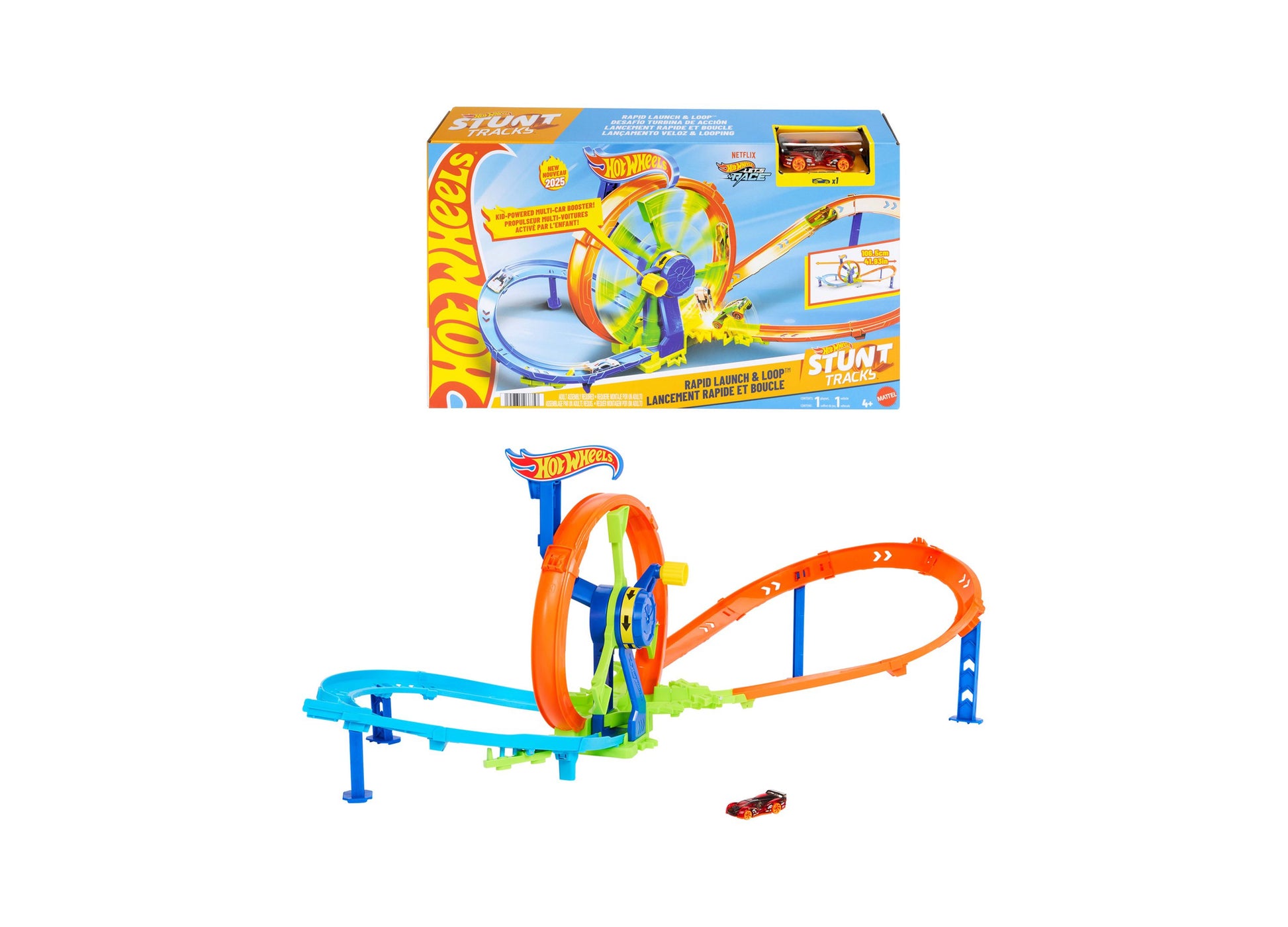 Hot Wheels Rapid Launch & Loop Stunt Tracks playset with orange and blue track pieces and included die-cast car