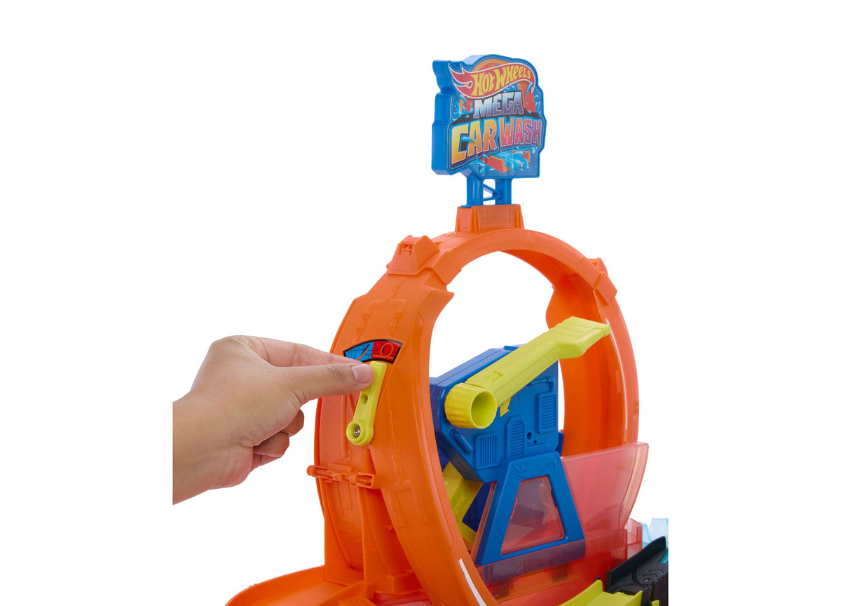 Hot Wheels Mega Loop Car Wash Playset with orange track and yellow lever