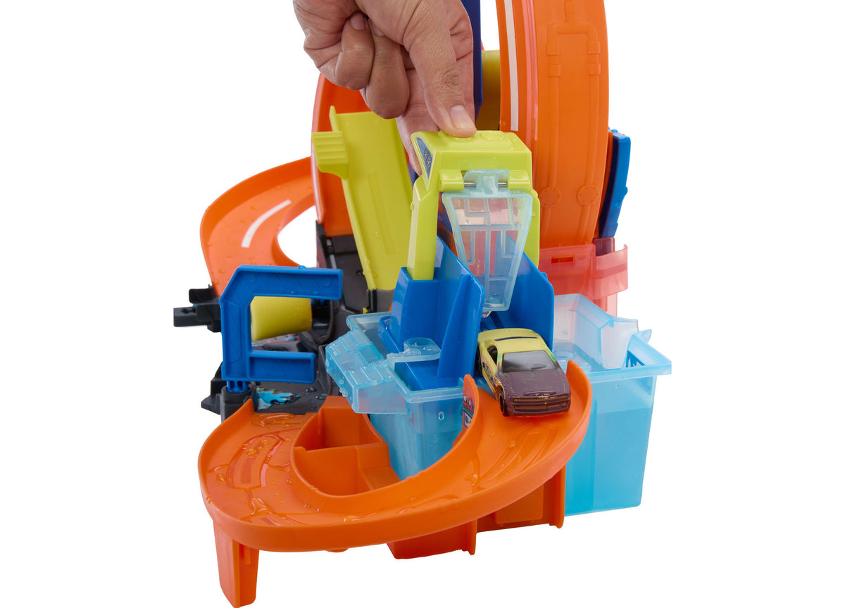 Hot Wheels Color Shifters Mega Loop Car Wash Playset with orange track and blue base
