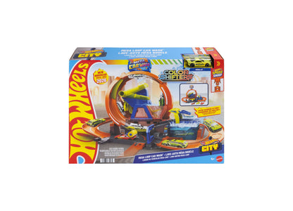 Hot Wheels City Color Shifters Mega Loop Car Wash Playset with orange loop track and yellow car