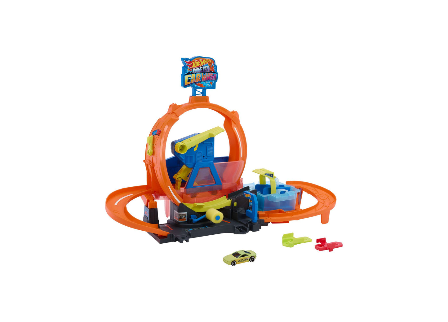Hot Wheels Mega Loop Car Wash Playset with orange track, blue launcher, and yellow die-cast car