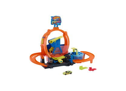 Hot Wheels Mega Loop Car Wash Playset with orange track, blue launcher, and yellow die-cast car