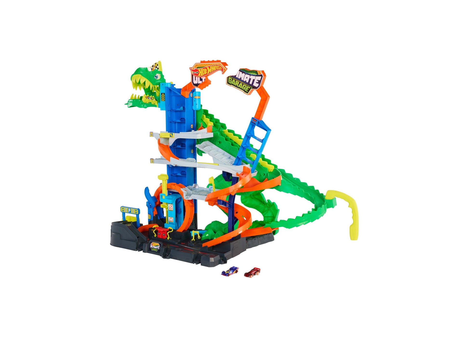 Hot Wheels T-Rex Garage Playset with multi-level track, dinosaur design, and 2 die-cast cars