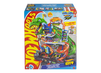 Hot Wheels Ultimate T-Rex Garage Playset with green dinosaur head, multi-level track, and die-cast cars
