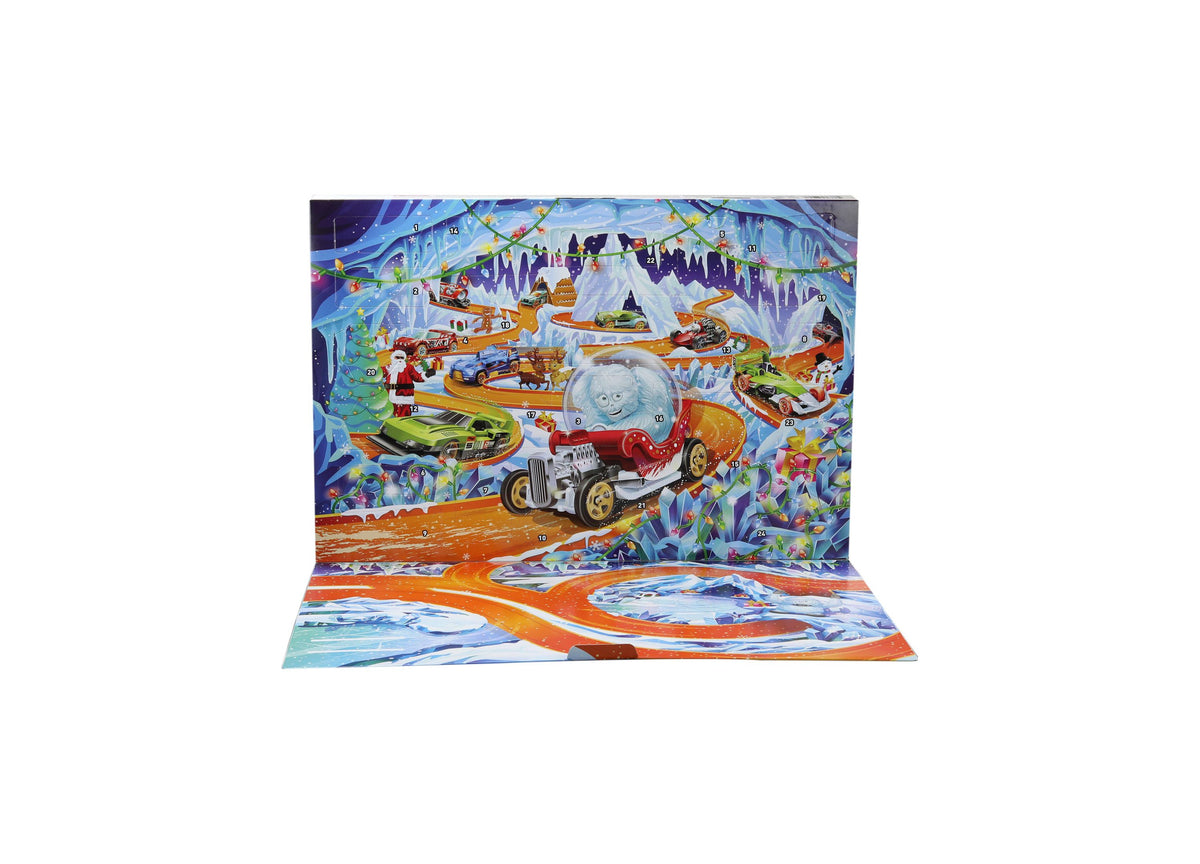 Hot Wheels 2026 Advent Calendar with 10 toy vehicles in 1:64 scale, featuring colorful winter scene and orange track